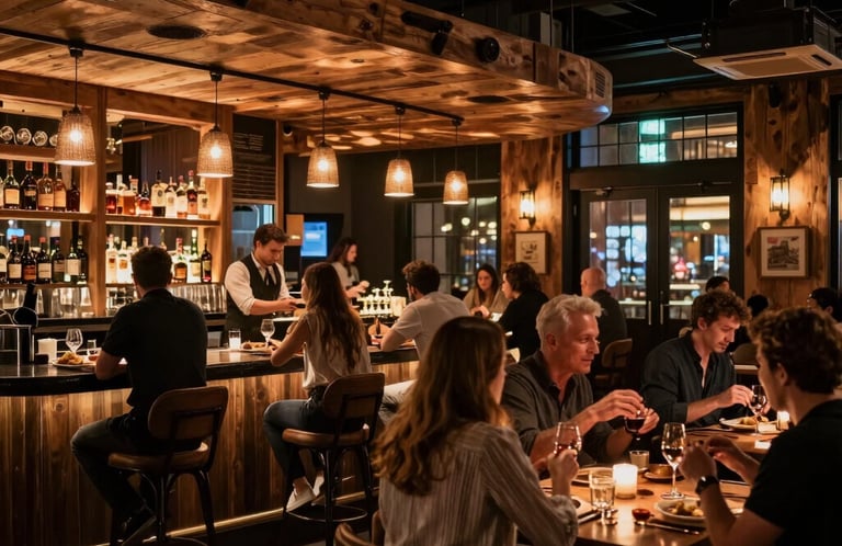 Candid photography of a dimly lit, eclectic dining room with vintage mirrors and modern industrial accents, showing a warm social atmosphere in a North American / US city.