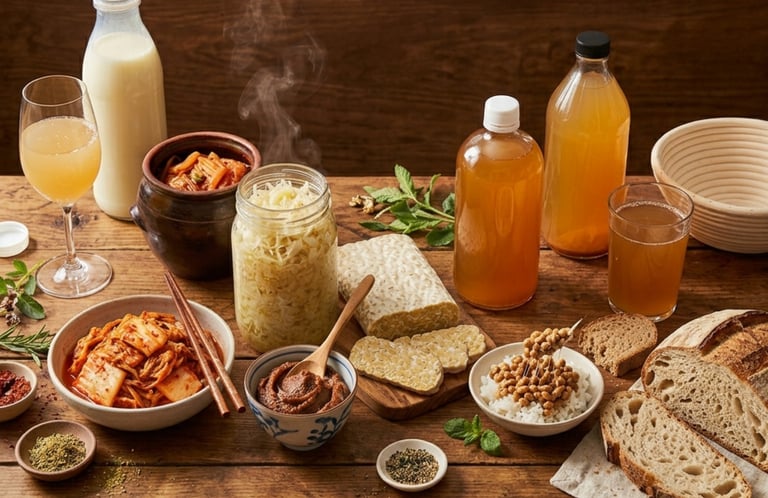A variety of probiotic-rich fermented foods like kimchi, sauerkraut, kombucha, and tempeh on a wooden table.
