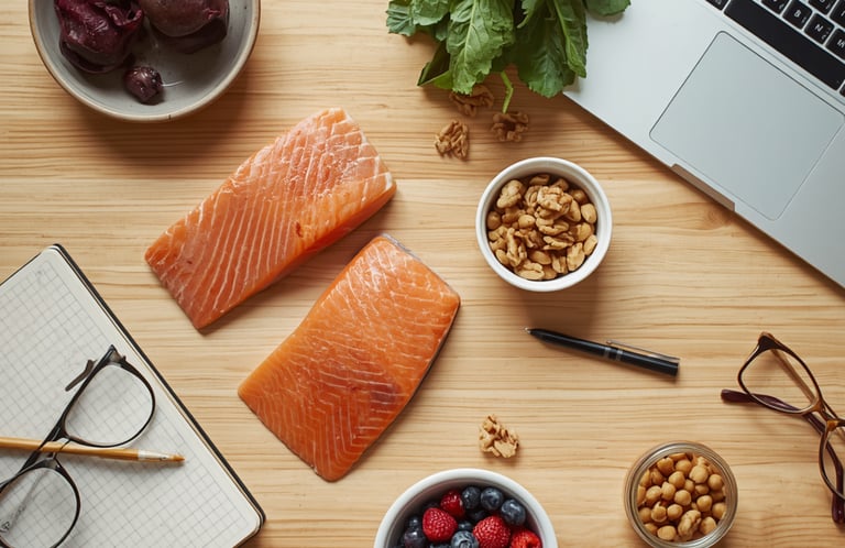 Fresh salmon fillets, walnuts, and berries on a desk near a laptop for healthy brain food snacks.