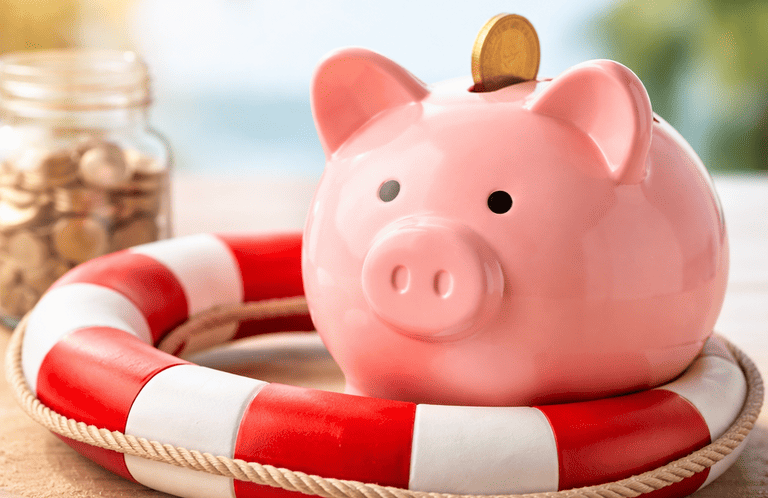 Cofrinho com boia salva-vidas simbolizando reserva de emergência e segurança financeira.