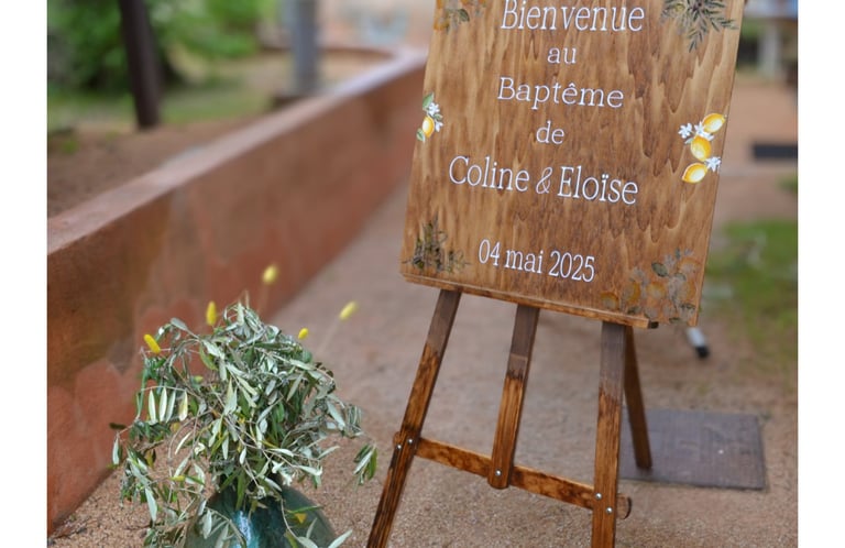 panneau d'accueil de baptême en bois thème citron et olive