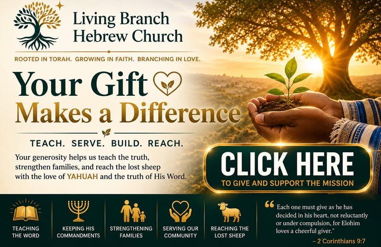 Donation banner for Living Branch Hebrew Church showing hands holding a sapling and a click here to give button.