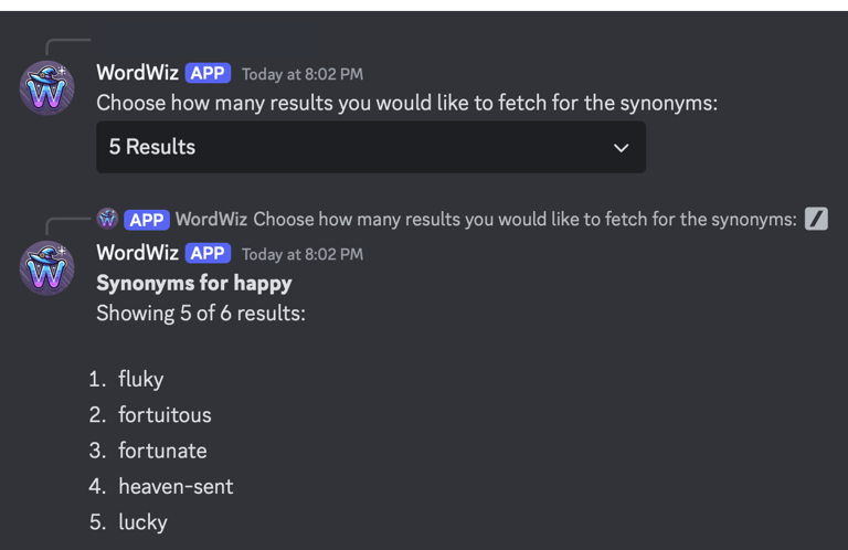 WordWiz bot response in Discord
