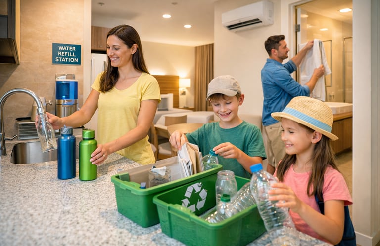 Family recycling and refilling water in hotel room
