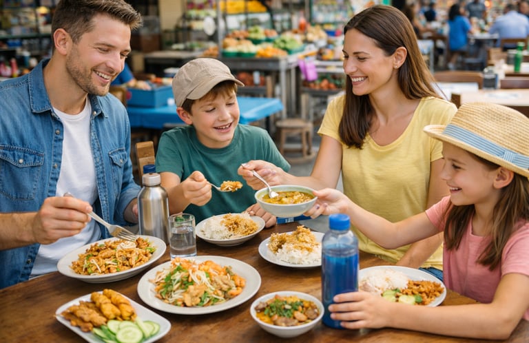 Eco travel family meal at local market