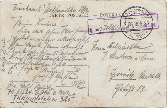 Postkarte, geschrieben von einem Artilleristen des Feldartillerie-Regiments Nr. 24