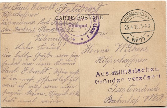 Card of an auxiliary railway clerk (Hilfsschaffner) deposited at the Feldpoststation n° 77 