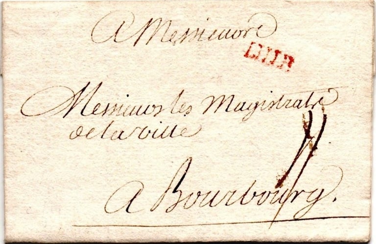 1748, lettre de LILLE à BOURBOURG taxée à 4 sols.