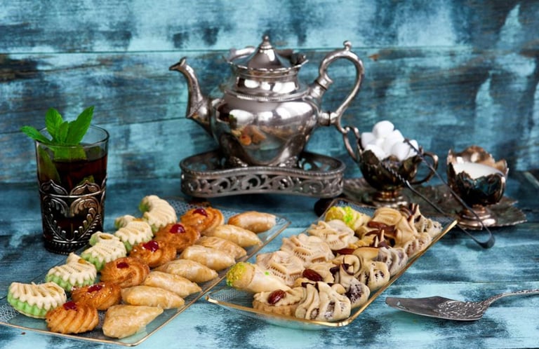 Service à thé en argent pour offrir un thé à la menthe et des patisseries traditionnelles  
