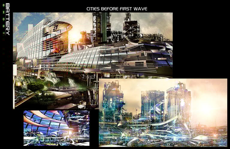 Futuristic concept art of a high-tech cyberpunk city landscape with glass skyscrapers and industrial machinery.