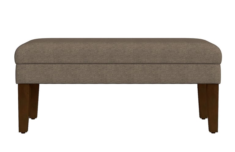 Brown upholstered storage bench with dark wood legs for modern home decor and entryway seating.