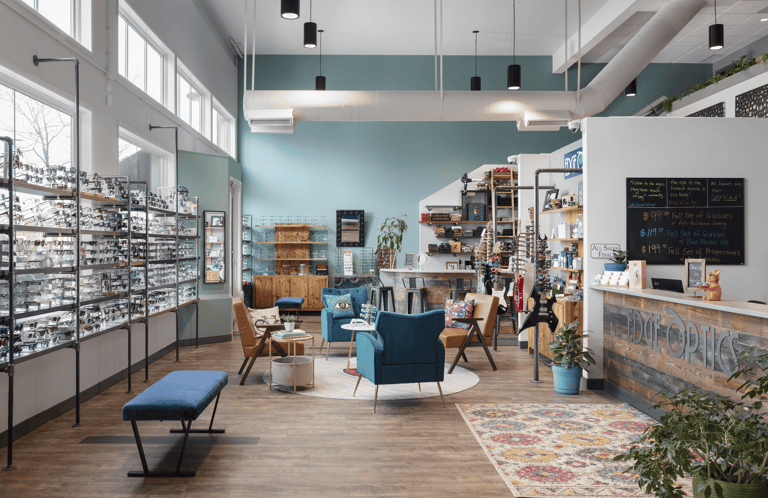 Stylish and unique showroom at Edge Optics Fort Collins location