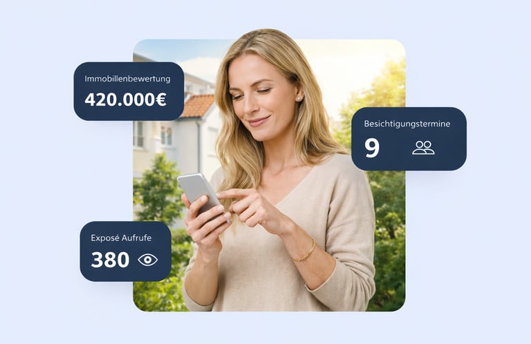 Woman using a real estate app to view property valuation, viewing appointments, and exposé views.