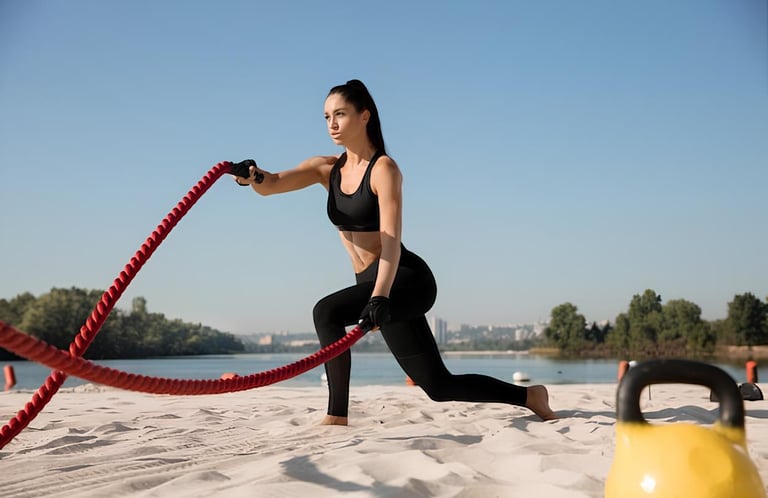 Mulher treinando com corda naval na areia, próximo a um lago, em dia ensolarado.