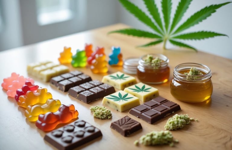 Variety of cannabis infused edibles including gummy bears, chocolate bars, and honey jars on a wooden table.