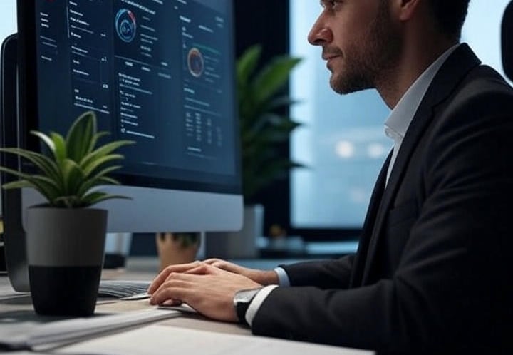 a man in a suit and tie is sitting at a desk