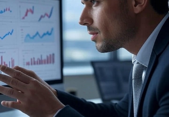 a man in a suit and tie is looking at a computer screen