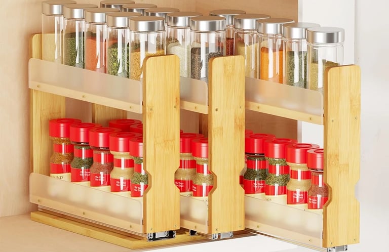SpaceAid bamboo pull out spice rack in apartment kitchen cabinet
