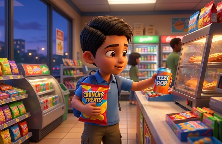 Animated boy buying soda and chips at a brightly lit convenience store snack aisle.