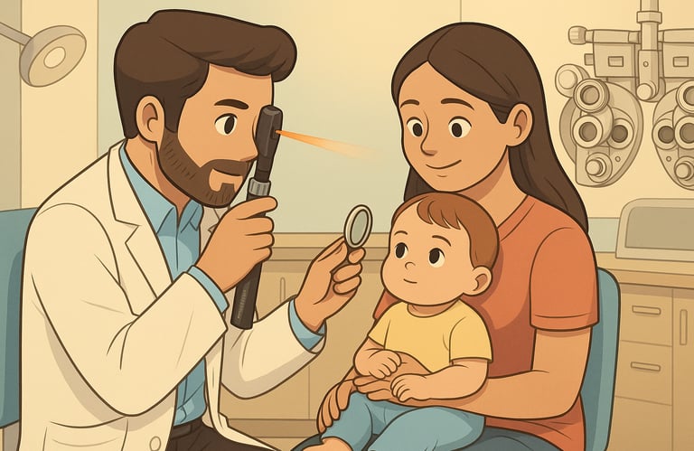 Bebê de 7 a 9 meses no colo da mãe durante exame oftalmológico com retinoscópio e lente