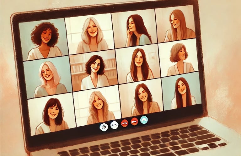 a group of women connect over a video conference indicating group coaching