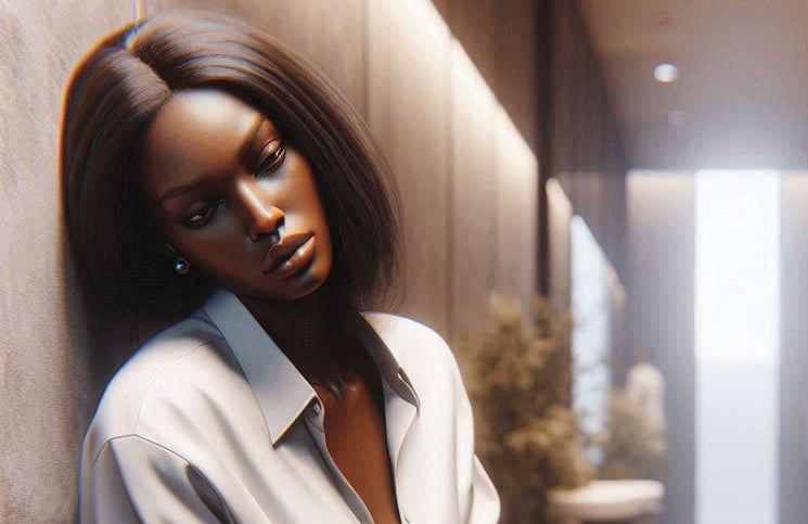 Tired Black woman resting head, taking a moment alone