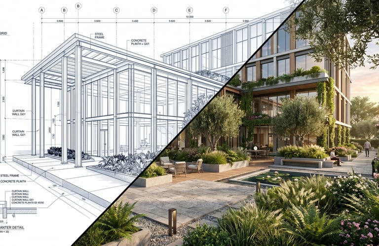 AI translating structural blueprints into photorealistic landscape and spatial assets.