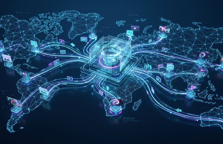 AI automated social matrix delivering localized media assets for global marketing.