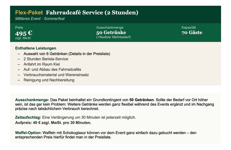 Details des Flex-Pakets von Carl's Velo Café für 495 Euro zzgl. MwSt. mit 50 Inklusivgetränken für 7