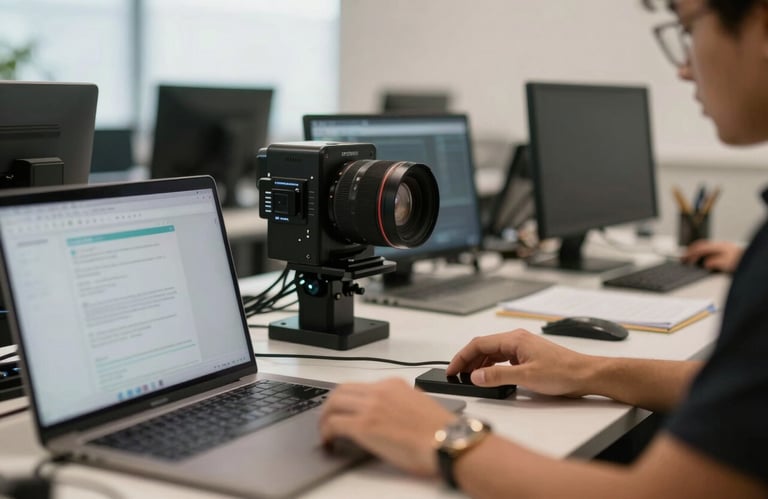 Close-up photography of a professional workstation in a Brazilian tech hub. The scene features high-end technology, soft natural lighting, and a feeling of impending digital transformation, focusing on modern efficiency.