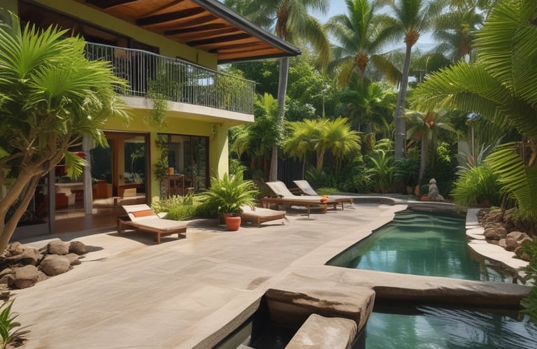 A well-maintained rental property surrounded by lush tropical plants under a bright blue sky.