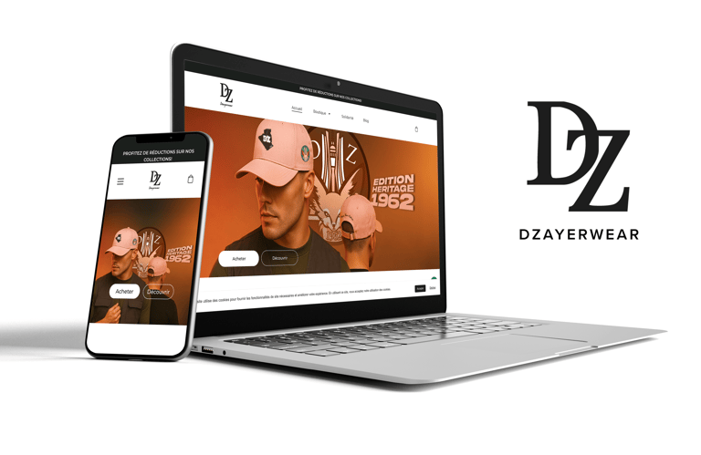 Aperçu du site DZAYERWEAR affiché sur ordinateur portable et smartphone, mettant en avant la collect