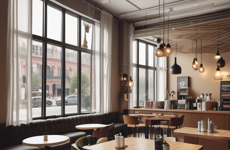 A cozy cafe interior with warm lighting and a welcoming counter ready for customers.
