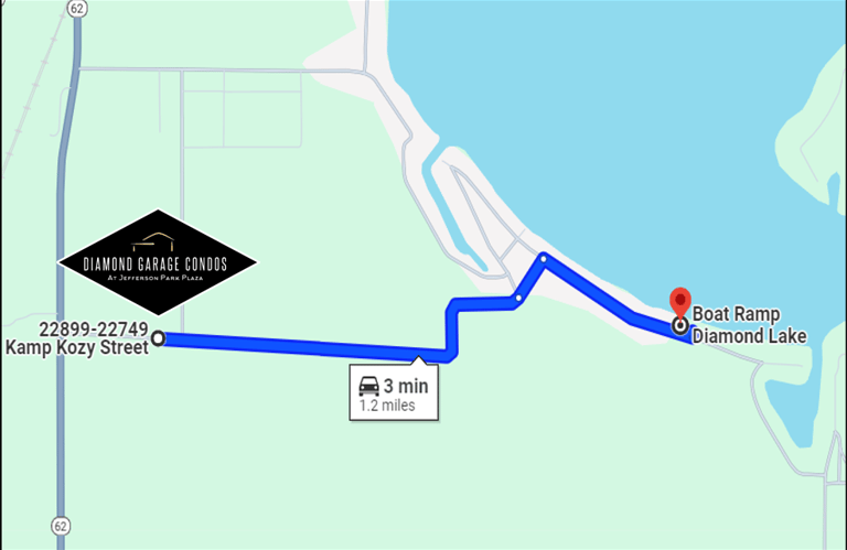 Map of Diamond Garage Condos to Diamond Lake Boat Ramp