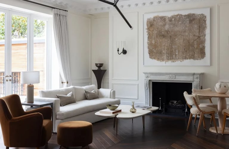 a living room with a fireplace and a couch