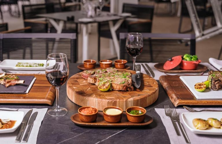 Gourmet steak dinner with red wine and side dishes on a restaurant table.