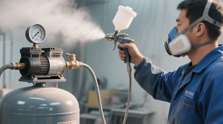 Worker uses spray gun with air compressor tank, powered by wemano.