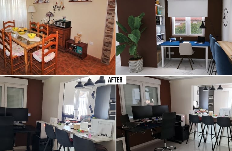 Traditional dining room transformed into an open-plan living area with home office nook and kitchen