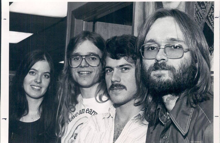 Disc jockeys at WCMF, Rochester, NY. Late 197. Suzanne King, Paulus, Chuck Ingersoll, Bernie Kimble.