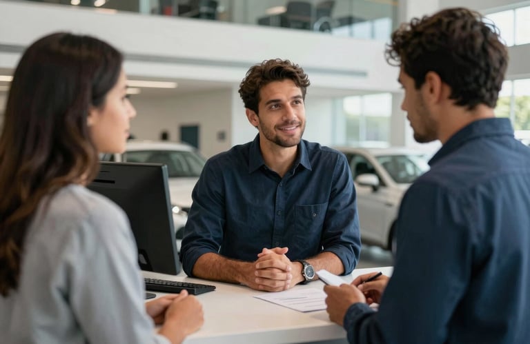 Friendly interaction at a modern automotive service counter, professional consultant talking to a customer, South American / Brazilian setting.