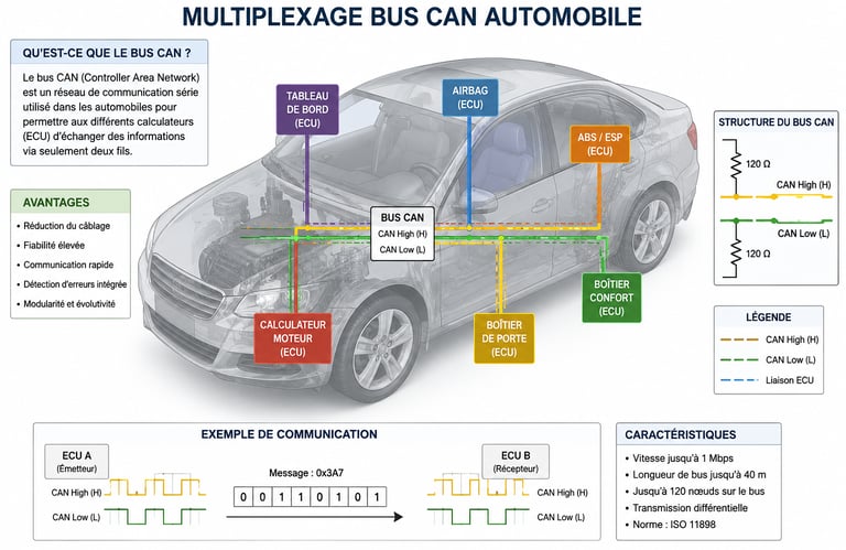 Diagram of an automobile CAN bus multiplexing system showing ECU connections and signal structures.