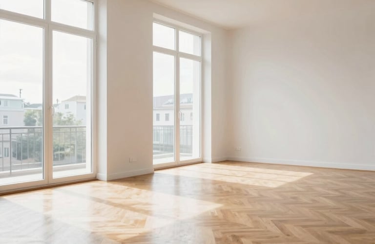 Wide architectural interior of a bright empty apartment living room, floor-to-ceiling windows flooding the space with natural daylight, minimal furnishings, clean white walls, parquet floor receding to the right, shot from a low wide angle emphasizing the expansive volume