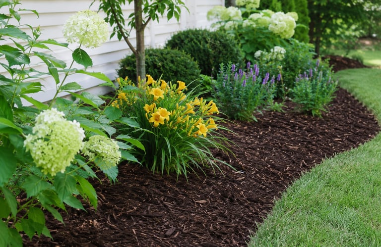 Mulched flower bed with healthy summer plants