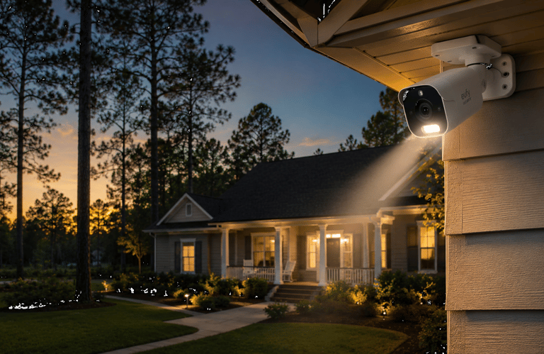 Eufy outdoor security camera with integrated spotlight mounted on a house eaves at sunset.
