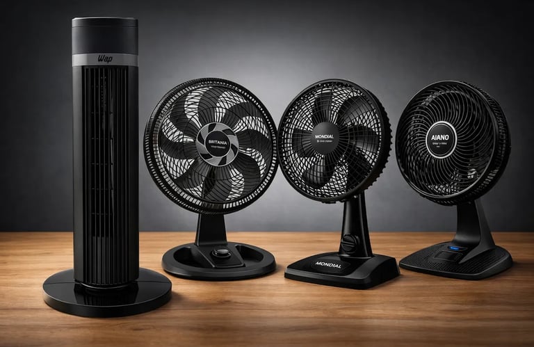 A variety of black electric fans, including tower and table models, on a wooden surface.