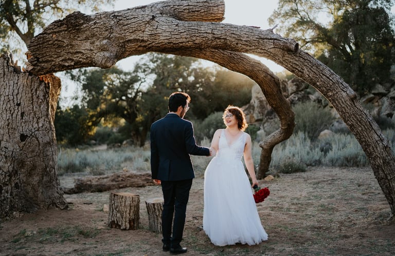 a bride and groom walking down a path in a desert