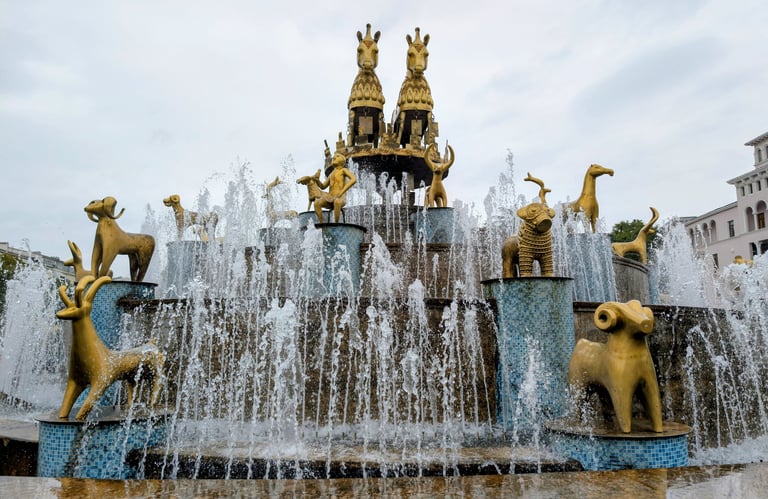 the gilded sculptures on Colchis Fountain in Kutaisi Georgia 