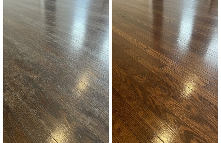 Before and after comparison of dark oak hardwood floor refinishing and professional polishing.