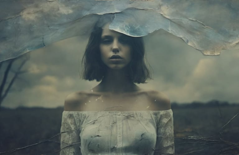 Retrato de mulher com cabelo curto, em campo aberto sob céu nublado, com efeito de pintura em papel