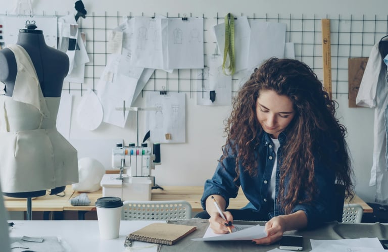Artista visual contemporânea brasileira com cabelos cacheados trabalhando em esboços em seu ateliê